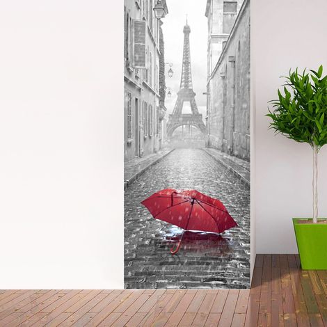 Sticker Porte effet 3D - autocollant Trompe L'œil pour Porte - Décoration pour Porte Cuisine, Salon, Chambre, Salle de Bain - Style Papier peint pour les murs - Parapluie dans Paris - 204 x 83 cm (1/5)