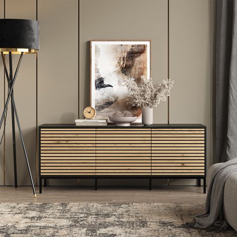 Kommode Eliza, Schwarz/Eiche, 150 x 60 cm mit 3 Schubladen, Vicco