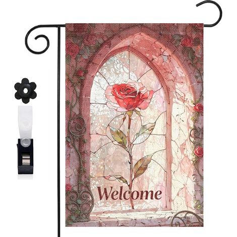 Drapeau vertical style conte de fées et vitrail floral 30 x 45 cm décoration saisonnière cour (1/5)