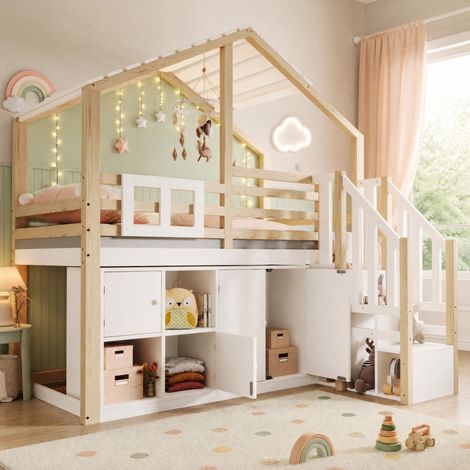 Kinder-Hochbett 90x200 cm Hausform mit Stauraum (1/5)