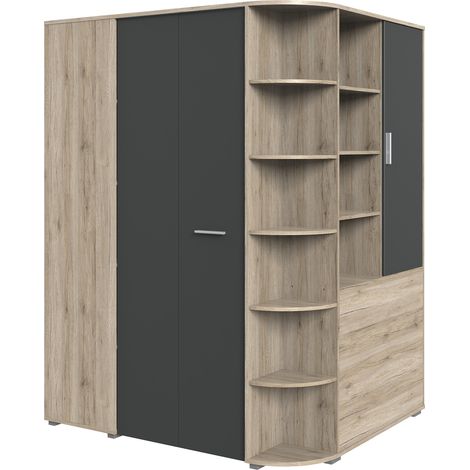 Armoire dressing placard coloris Imitation chêne San Remo, rechampis graphite -Longueur 124 x Hauteur 199 x Profondeur 148 cm -PEGANE- (1/4)