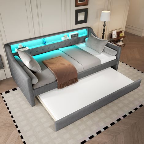 Letto estraibile 90x200 cm - Divano letto con rete a doghe, LED, presa USB - Letto di riposo senza materasso - Lino, grigio (1/5)