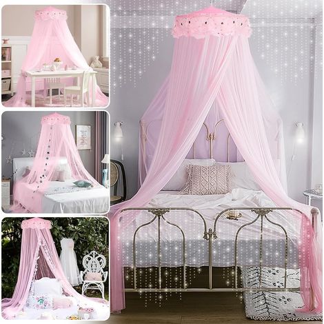 Rideaux de lit style princesse, adaptés aux lits simples à king size, avec dentelle ronde et installation rapide et facile (rose). (1/5)