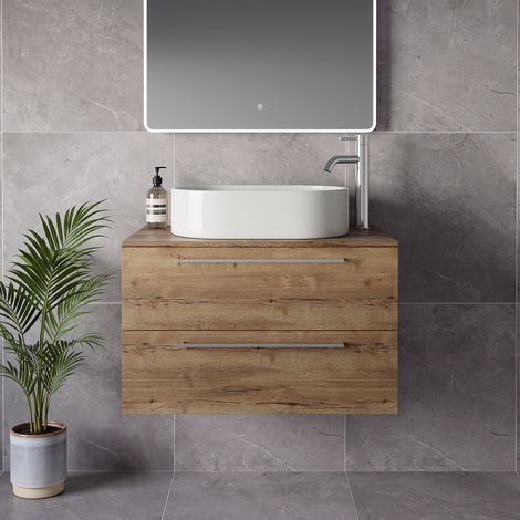 Napoli 460 Tobacco Oak 800mm Wall Mounted 2 Drawer Vanity Unit for Countertop Basins - 800mm - Chrome 480mm Handle