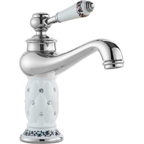 Grifo de lavabo de baño de lujo de un solo orificio con manija monomando, grifo de agua fría y caliente (plata, cerámica) (1/5)
