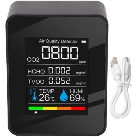 Moniteur de qualité de l'air 5 en 1, détecteur multifonction CO2 TVOC HCHO température humidité avec écran couleur LCD et alarme,de dyk. (1/4)