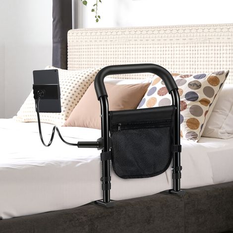 TolleTour Sicherheits-Bettgriff für Senioren, höhenverstellbare Aufstehhilfe (45–62 cm, 5 Stufen), mit Befestigungsgurt und Handyhalterung, schwarz