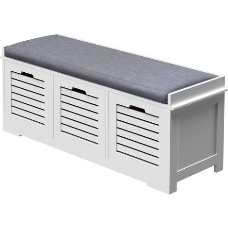 Banc à chaussures d'entrée 108 x 35 x 43 cm rangement 3 tiroirs assise rembourrée housse lavable scandinave en MDF blanc (1/5)