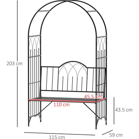 Arche de jardin avec banc intégré 121 x 50 x 203 cm, métal noir, banc de philosophe, support pour jardin et terrasse (1/5)
