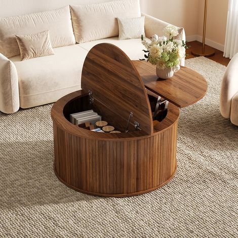 Table basse relevable ronde de salon, φ 88 cm, avec coffre de rangement, design cannelé, style moderne et scandinave, Noyer (1/5)