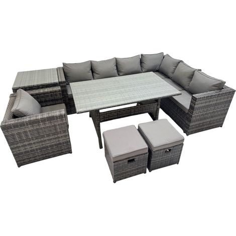 Fimous Rattan Garden Furniture Set Outdoor 9 Seater Patio Dining Corner Sofa Sets with Dining Table Chair 2 Small Stools Dark Grey Mixed (1/5)