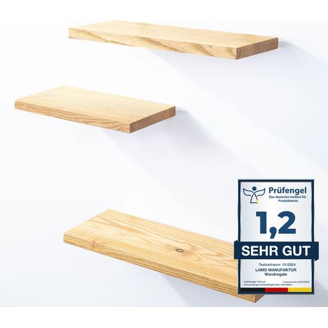 LAMO Manufaktur 3 Stück Wandregal aus Holz 42/36/30cm SET 3 Gerade Farbe: Natur