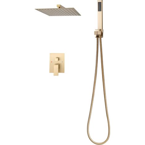 Ensemble de douche mural avec pommeau de pluie carré 25,4 cm et douchette à main, robinetterie en laiton doré brossé, finition élégante. (1/5)