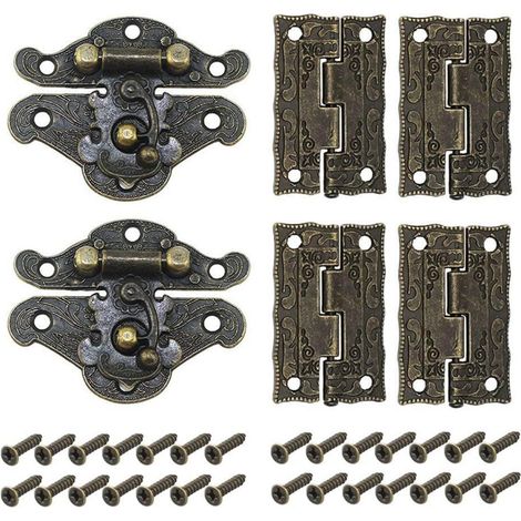 Truhenschloss Set mit 2 Haspeln und 4 Scharnieren, Bronze, antik
