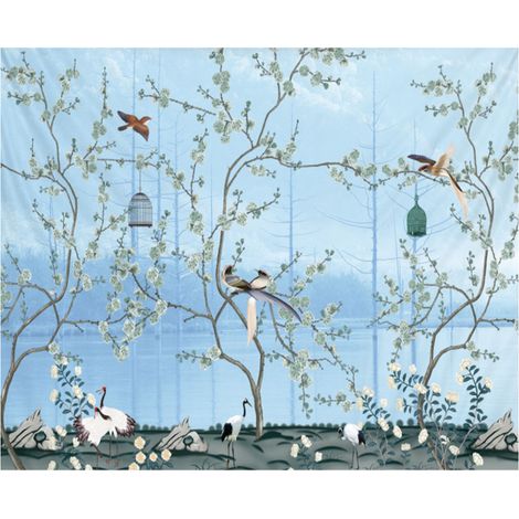 Tenture murale bohème oiseaux et fleurs bleues, décoration literie 150x150cm (1/5)