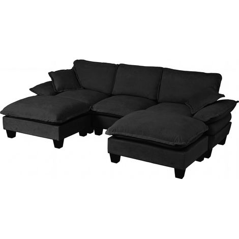 Divano Modulare a U, Cuscini e pouf mobili, Schienale imbottito, Struttura in legno, Chenille, Nero (1/5)