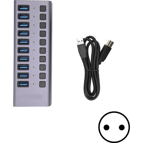 10-Port USB 3.0 Hub, Grau, EU-Stecker – Schnelle Übertragung, separater Schalter, Hochleistungsnetzteil, USB-Dockingstation