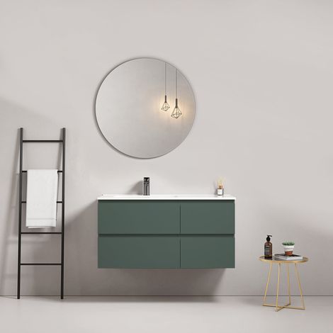 Mobile bagno sospeso 100 cm Verde Comodoro Lavabo a Sinistra in Ceramica Specchio Tondo - Fiji Paint