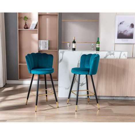 Barhocker 2er Set Samt Muschelform mit Metallbeinen Blau (1/5)