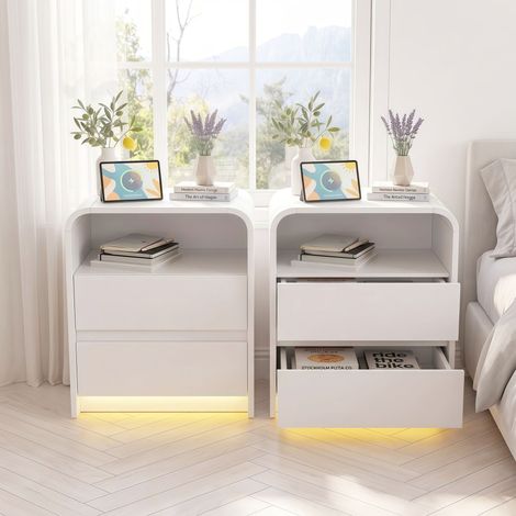 Lot de 2 Tables de Chevet avec LED et Prises USB Type-C, Table de Nuit Moderne avec 2 Tiroirs et Compartiment Ouvert pour Chambre - Blanc (1/5)