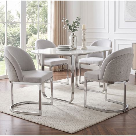 Set di 4 sedie da pranzo in ciniglia grigio chiaro con gambe in metallo argentato (1/5)