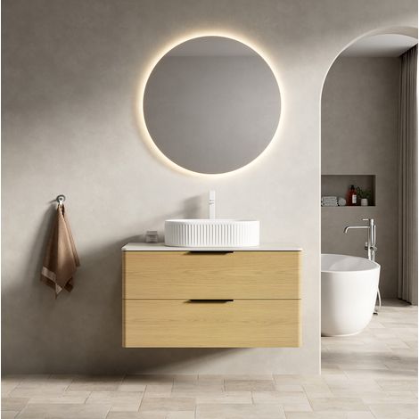 Mueble baño suspendido 90 cm con lavabo oval de cerámica y encimera de piedra sinterizada OKWISH (1/5)