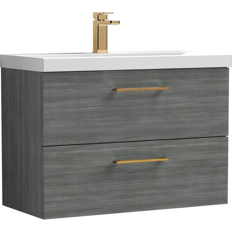 Balterley 800mm Wall Hung Bathroom 2 Drawer Vanity Unit & 1 Tap Hole Ceramic Basin, Woodgrain Anthracite & Brushed Bronze Handles