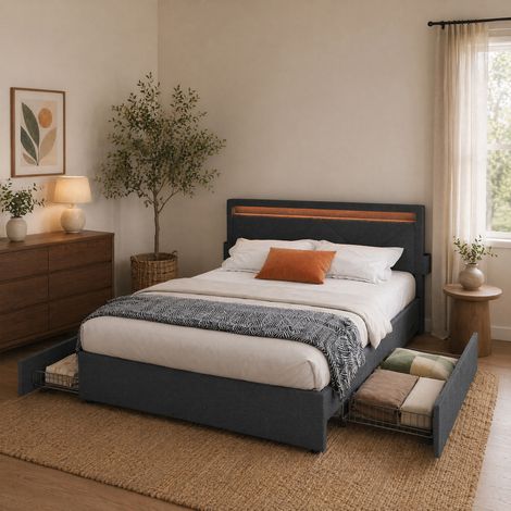 Lit Double Métal, LED, 4 Tiroirs, Tête de Lit Rembourrée Ajustable, Multiprise, Chambre, 140 x 190 cm, Gris foncé (1/5)