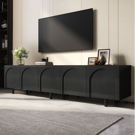 Mueble bajo para TV con 5 puertas, gestión de cables, MDF negro, patas metálicas, 180x38x45 cm (1/5)