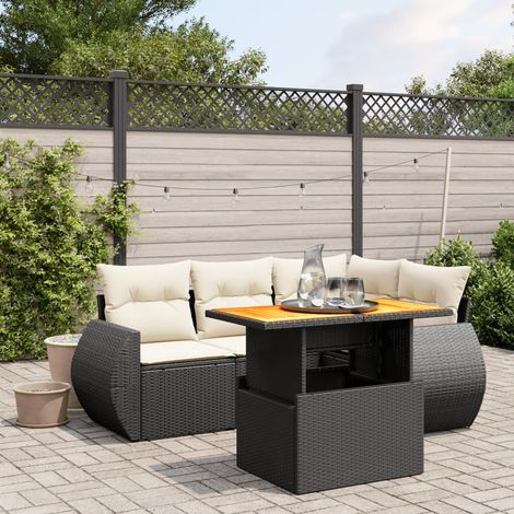 Ensemble de salon jardin 5 pièces noir résine tressée avec coussins blanc crème, table extensible et design modulable (1/3)