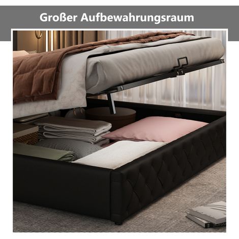 Lit capitonné 140 x 200 cm avec sommier à lattes, rangement intégré et éclairage LED, noir en simili cuir (1/5)