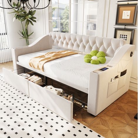 Canapé convertible 90x190 avec rangements, velours beige HAVRYA (1/5)