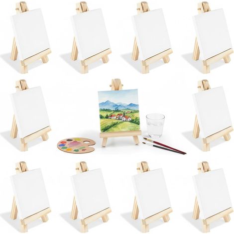 Confezione da 12 mini cavalletti con tela pre-allungata - Cavalletto espositivo in legno 8 x 8 cm per pittura, artigianato artistico, bambini e artisti Treppiede da tavolo portatile (10 10 cm) (1/5)