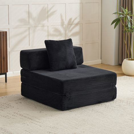 Canapé convertible au sol 1 place en velours côtelé noir, sofa pliable avec coussin dossier et accoudoir, lit d’appoint confortable pour salon, chambre ou bureau - CHICFURN (1/5)
