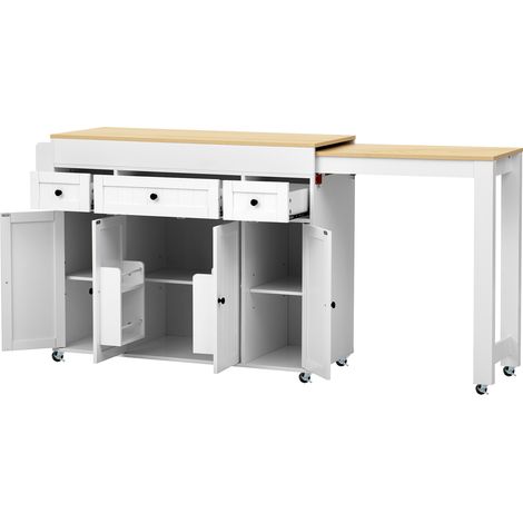 Isla de cocina extensible con ruedas, especiero y cajones, blanco y madera (1/5)