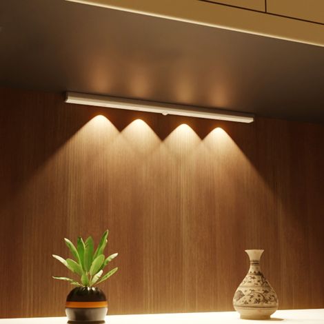 Ortviai Lampe LED sous-meuble avec capteur de mouvement, rechargeable, 297 mm, 4 LED, lumière chaude, mode veilleuse et allumage automatique