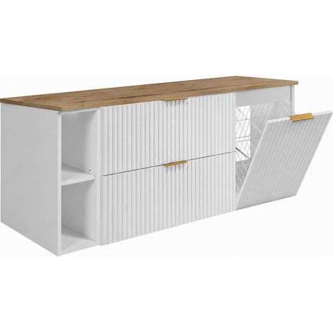 Set di mobili da bagno con cesto portabiancheria, Bianco / Piano Rovere Chiaro / Maniglie Nere, 140 x 57 x 46 cm (1/5)