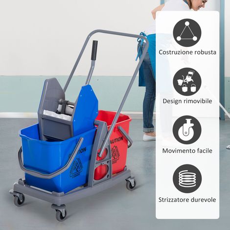Chariot de ménage professionnel 2 bacs 25L avec presse intégrée 73x45x92cm