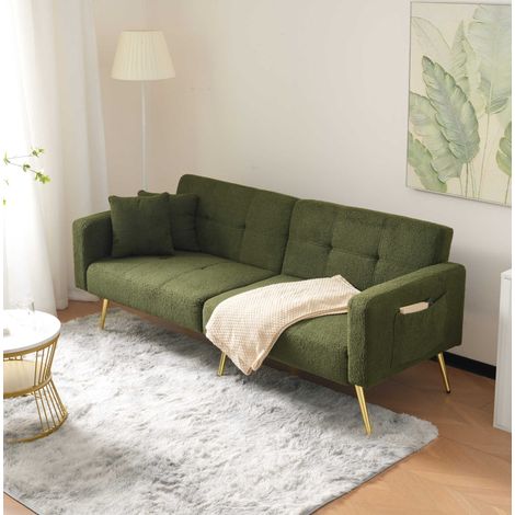 Schlafsofa 175x64x72 cm Antikgrün in Sherpa und Schaumstoff mit Bettfunktion, verstellbarer Rückenlehne und Seitentaschen (1/5)