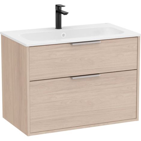Pack meuble unik "OPTICA" 800 - 2 tiroirs + lavabo plan en Stonex - Frêne Clair - Roca (1/2)