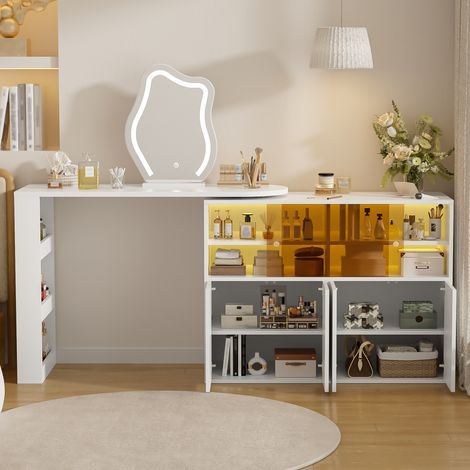 Coiffeuse pivotante avec éclairage LED coiffeuse bureau grand rangement à plusieurs niveaux pour chambre blanc 177x40x131 5 cm (1/5)