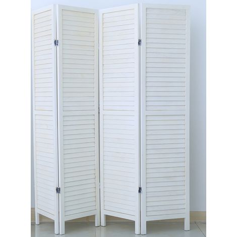 Paravent persienne de 4 pans en bois, coloris blanc lasuré - Dim : H170 x L160cm