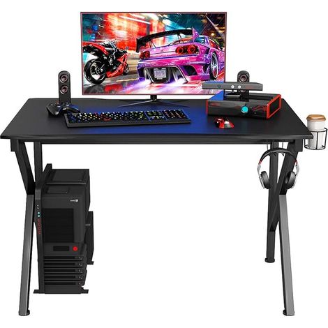 COSTWAY Scrivania da Gaming a Forma di K, Tavolo da Gioco 115 cm, Tavolo per Computer con Porta Bicchiere e Gancio, Scrivania Computer con Struttura in Acciaio, per Casa o Ufficio (1/5)