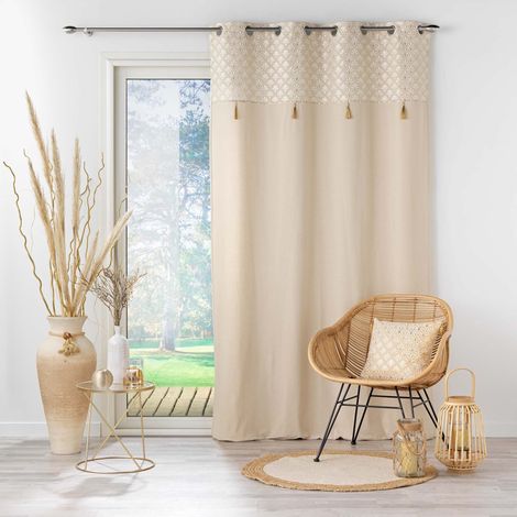 Rideau Tamisant Rafina doré - 140 x 240 cm, Coton avec Pompons (1/4)