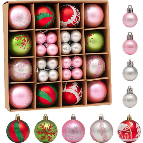 Lot de 42 petites boules de Noël en plastique incassable à suspendre pour sapin de Noël, fêtes, mariage (rose) (1/5)