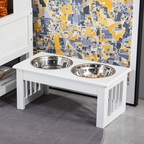 Doppie ciotole rialzate per animali domestici, 44x24x15 cm, 2 ciotole da 0,9 l in acciaio inox, legno bianco, ideali per cani e gatti di piccola taglia. (1/5)
