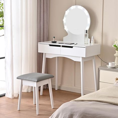 Table de Maquillage avec Tabouret modèle Laura avec 8 Lampes LED, Miroir avec Table et tiroirs en Bois Blanc, Assise Confortable rembourrée, Miroir de Poste de Maquillage, lumière Froide (1/5)