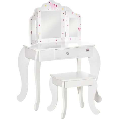 Coiffeuse pour enfants avec tabouret et miroir réglable, table de maquillage avec tiroir, pour filles et garçons de 3 à 6 ans, blanche (1/5)