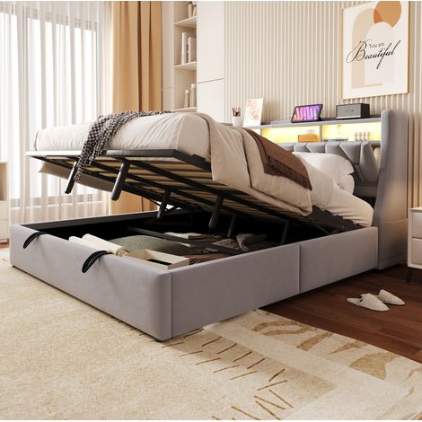 Cama canapé 180x200 cm de terciopelo gris claro con LED y enchufes DESVIAE (1/5)