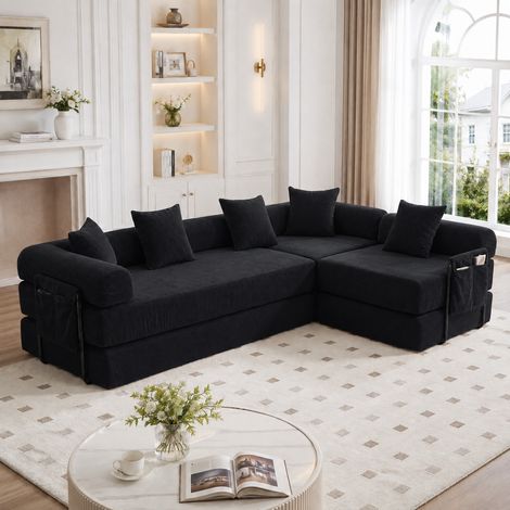 Canapé modulable convertible pour famille, modules séparables, couchage d’appoint, poche latérale, tissu facile à nettoyer, livré sous vide, noir (1/5)
